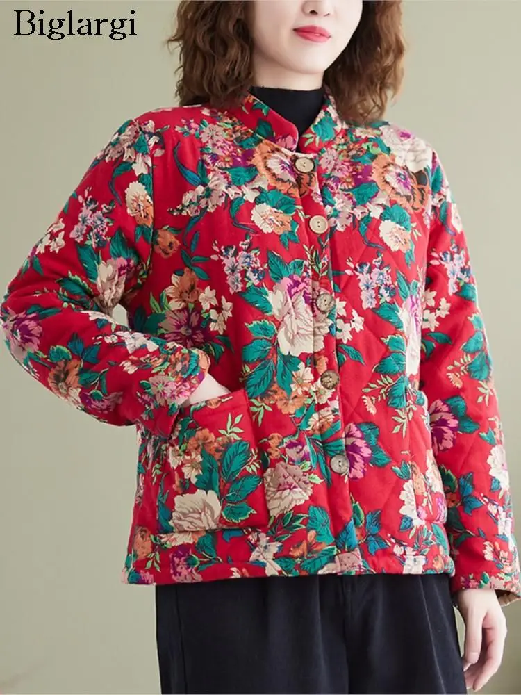 Abrigo de algodón de gran tamaño para mujer, chaqueta de manga larga con estampado de flores, informal, holgada, a la moda, para invierno, 2023
