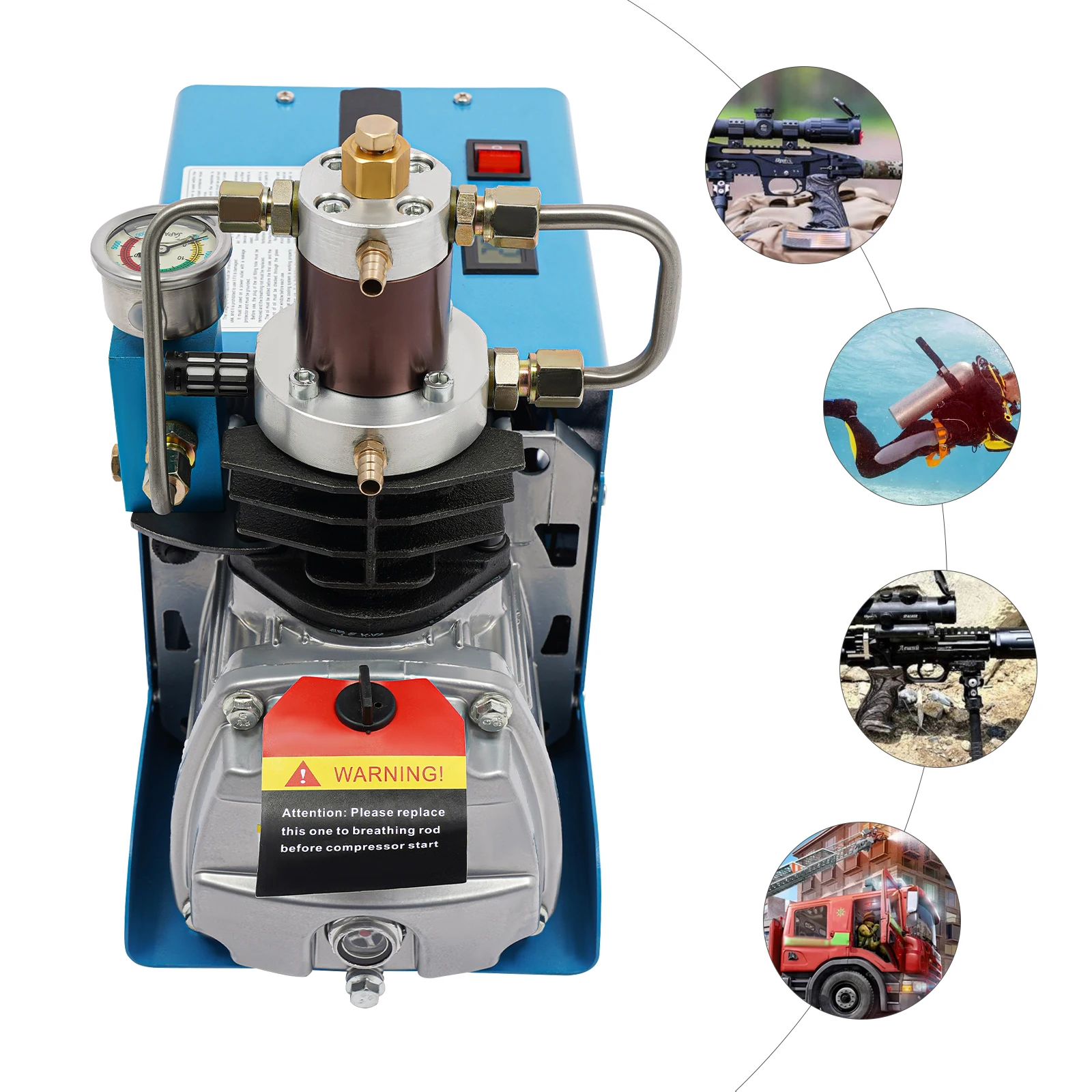 Bomba de compresor de aire de alta presión de 300bar, juego de bomba de aire eléctrica portátil de 220V y 1,8 kW con separador de aceite y agua + manómetro de 2800RPM