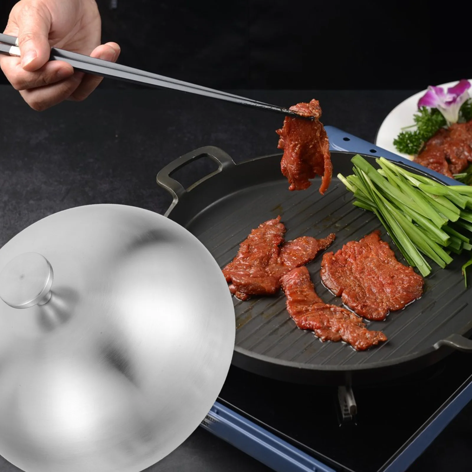 

Stainless Steel Food 23Cm Cheese Melting Steak Basting Dome Serving Plate Cover For Cake Dessert Butter Griddle