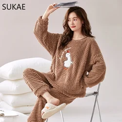 Sukae-女性用の厚手のコーラルフリースパジャマセット、長袖、ふわふわの骨のパジャマ、家のための女の子のベルベットパジャマ、冬