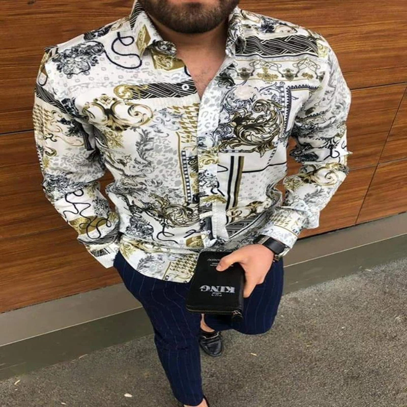 Fashion Trendy Hawaii Shirts Men Fashion Shirt Luxury Golden Shirts Long Sleeve Beach Blouse lattice Camisas Men Clothing