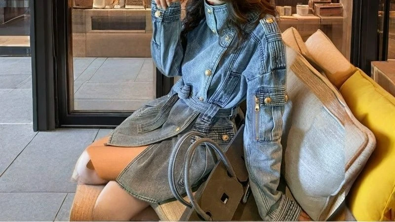 New Product Design Retro Denim Trench Coat Women's Spring and Autumn Fashion Versatile Waist Tooling Jacket Top