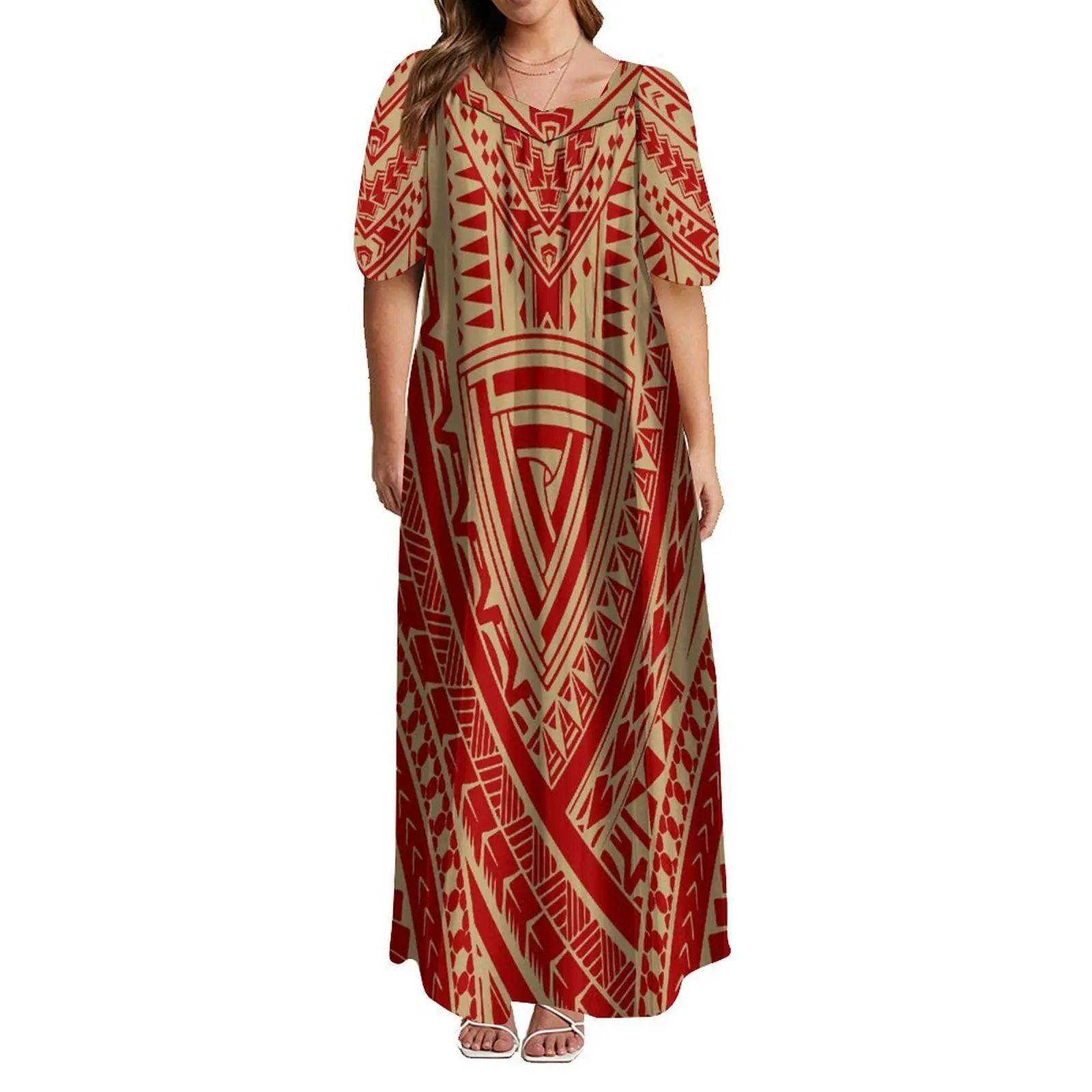 High Quality Women'S Puffy Sleeve Dress Polynesian Tribe Design Midi Party Loose Dress 6xl 