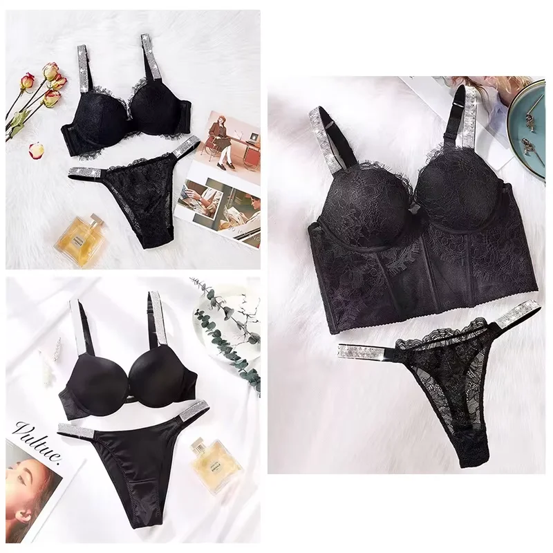 Exquisite black lace bra briefs suit women's suit letter rhinestone comfortable push-up underwear VS brand seamless underwear