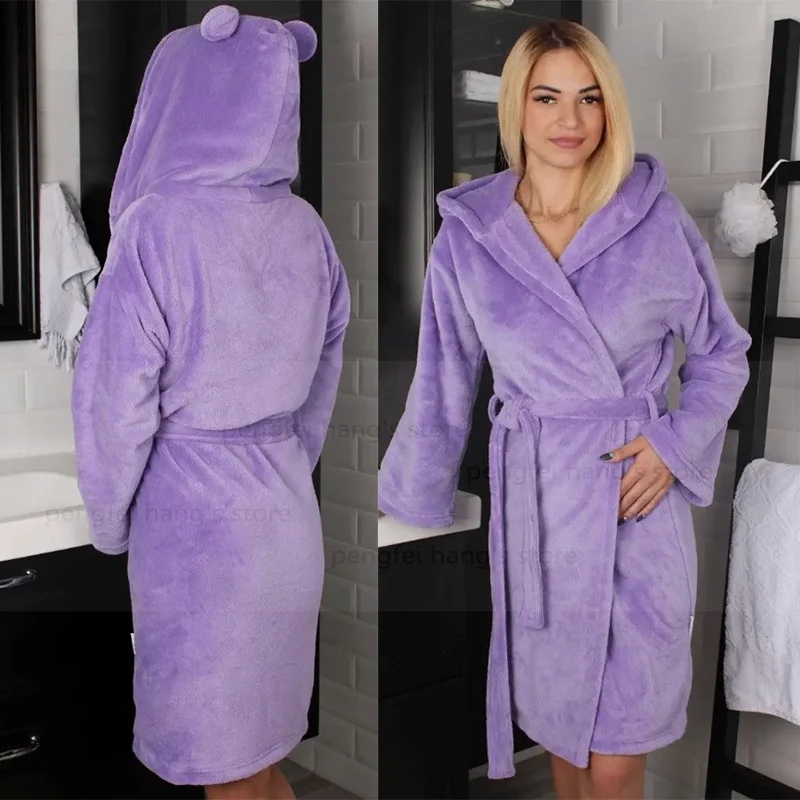 Cute Cartoon Hooded Robe Women Warm Flannel Kimono Short Bathrobe Gown Autumn Winter New Intimate Lingerie Pajamas Sleepwear
