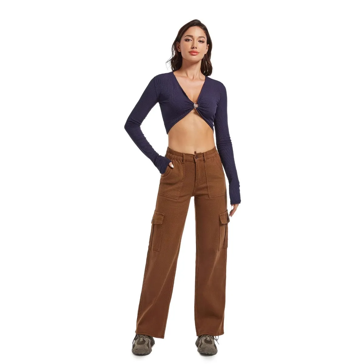 Autumn Women's Clothing Slim High Waist Cargo Pants For Woman Cotton Stretch Denim Straight Leg Multi Pocket Workwear Trousers