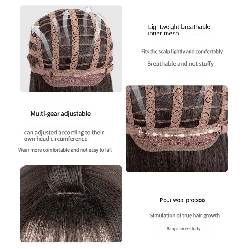 Wig ombak air panjang cokelat dingin dengan poni Wig sutra untuk wanita pesta sehari-hari alami rambut sintetik lembut tahan panas ♥wig