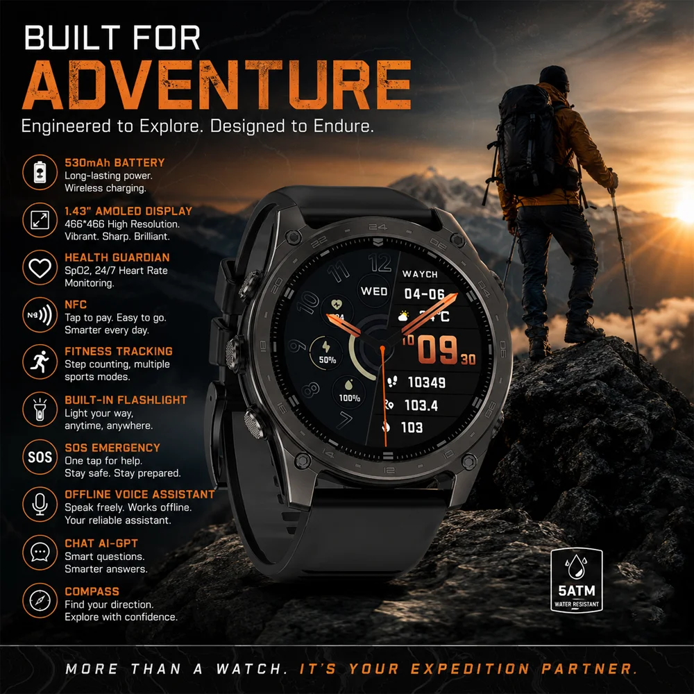 

530mAh Large Battery Mens Military Smart Watch 2026 1.43" AMOLED 5ATM Waterproof Bluetooth Call Altitude Compass