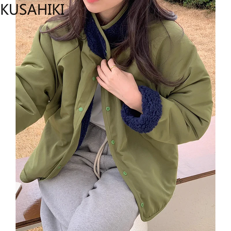 KUSAHIKI Korean Autumn Winter Retro Versatile Turn-down Collar Double-sided Design Long Sleeved Lambwool Jacket for Women