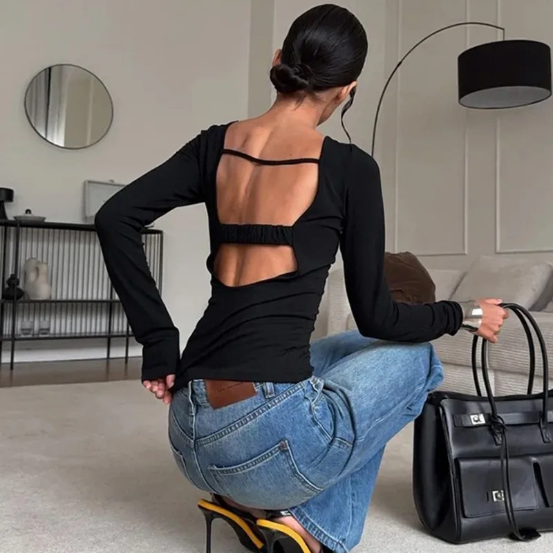 

Talenza сексуальный ажурный топ с длинными рукавами, модный тонкий однотонный пуловер с открытой спиной, уличный женский топ для вечеринок на весну и осень