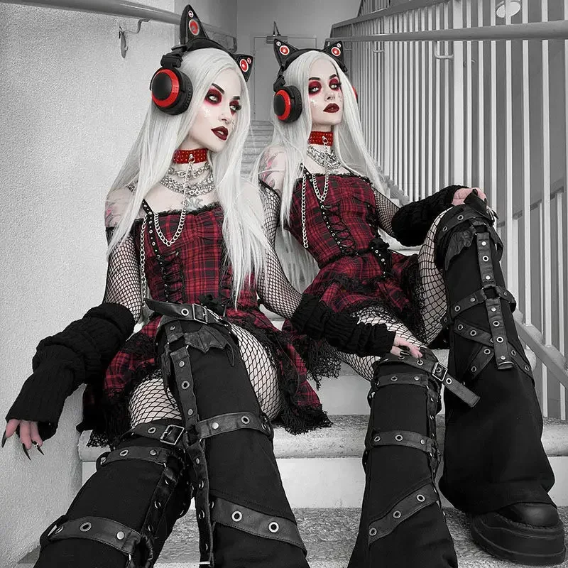 

FC6Dark Gothic Subculture Millennium Y2k Lace Red Plaid Dress Summer Design Slip Dress Spicy Girl@FC8！