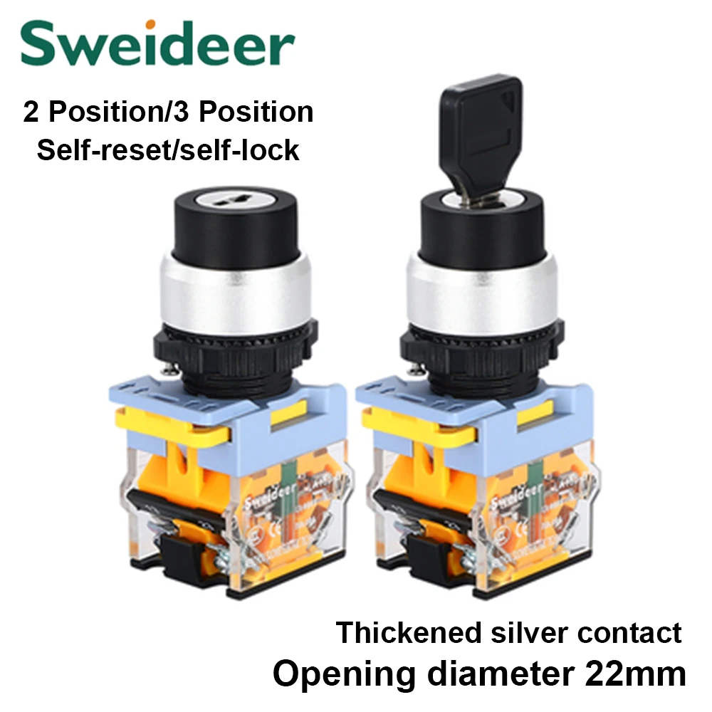 22mm Rotary Key Switch Transfer Switch 2/3Way Momentary Self-Lock on Off Switch Safety Knob Switch for Electrical Panelboard