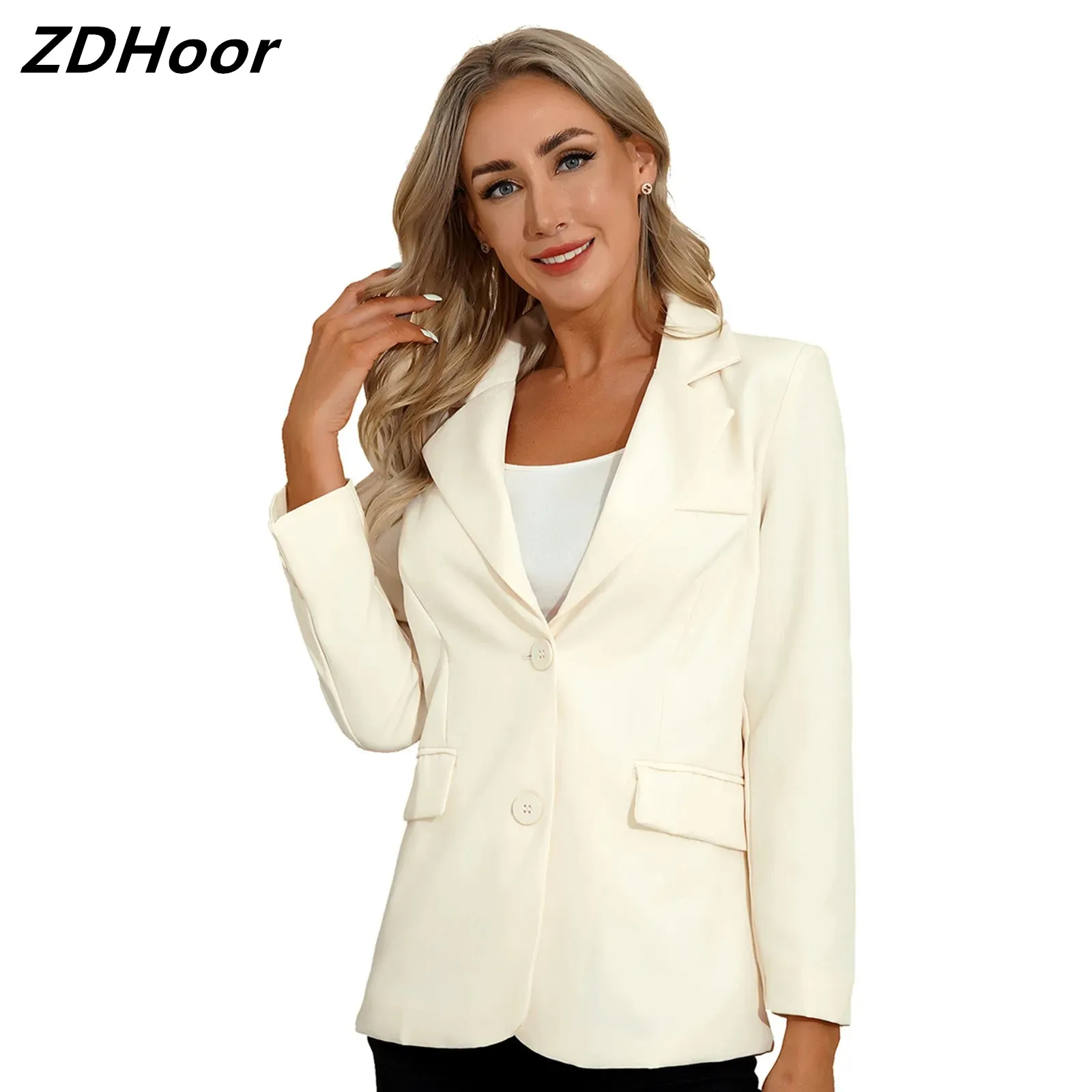 Women Casual Loose Long Blazer Long Sleeve Notch Lapel Two-Button Flap Pockets Blazer Outerwear