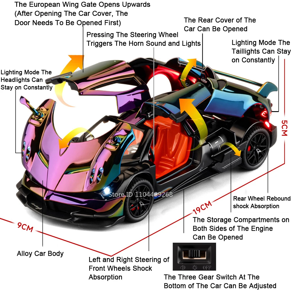 1:24 스케일 후아이라 BC 720S 스포츠카 모델 장난감 사운드 라이트 풀백 슈퍼카 충격 흡수 모델 소년 선물 장식