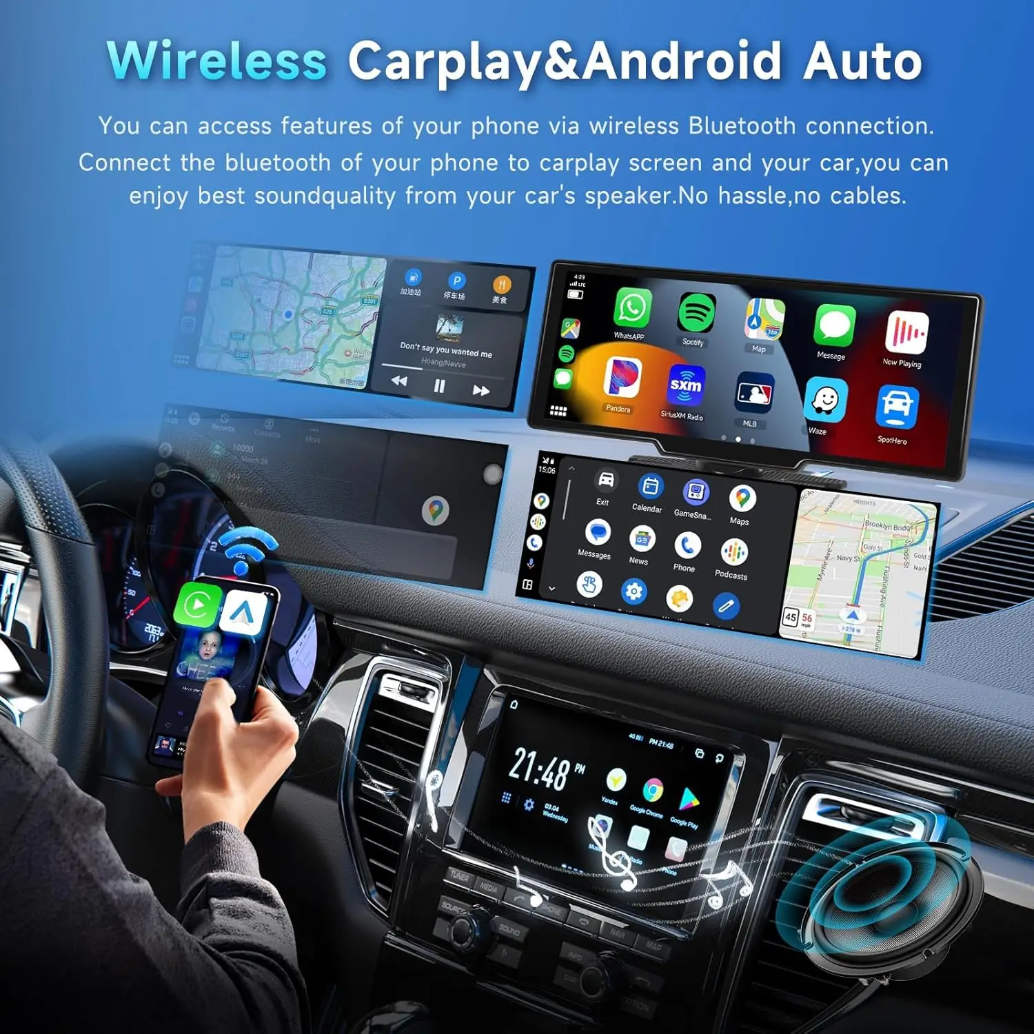ستيريو سيارة CarPlay 9.3 بوصة HD IPS مع Android Auto، كاميرا داش 2.5K، كاميرا احتياطية 1080P، بطاقة TF سعة 64 جيجابايت، ملاحة، Dual Bl