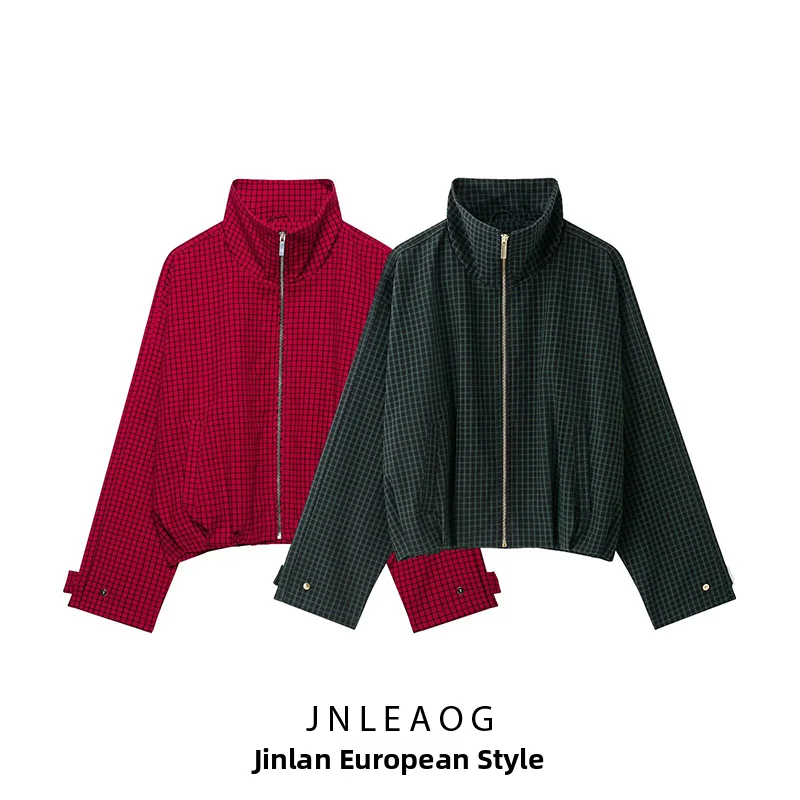 JNLEAOG Autumn New Women's Plaid Flight Jacket Outerwear Versatile Polyester Standard Fit Zipper Closure Short Coat