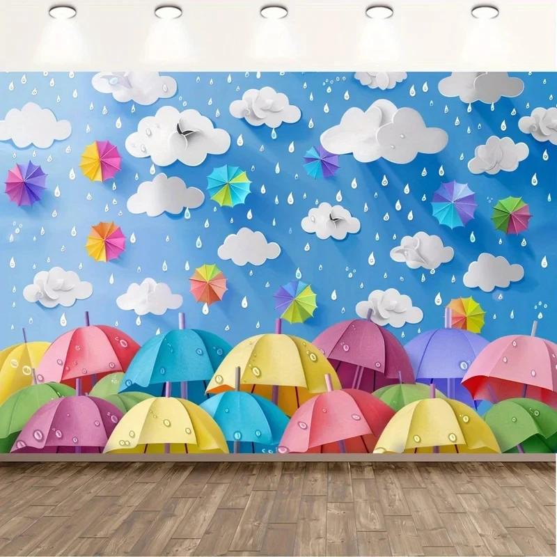 1 Blatt, 2D-Flachbild mit Cartoon-Hintergrund im Regenschirm-Stil mit Wolken und Regentropfen, für Duschhintergrund-Partybanner, wsj