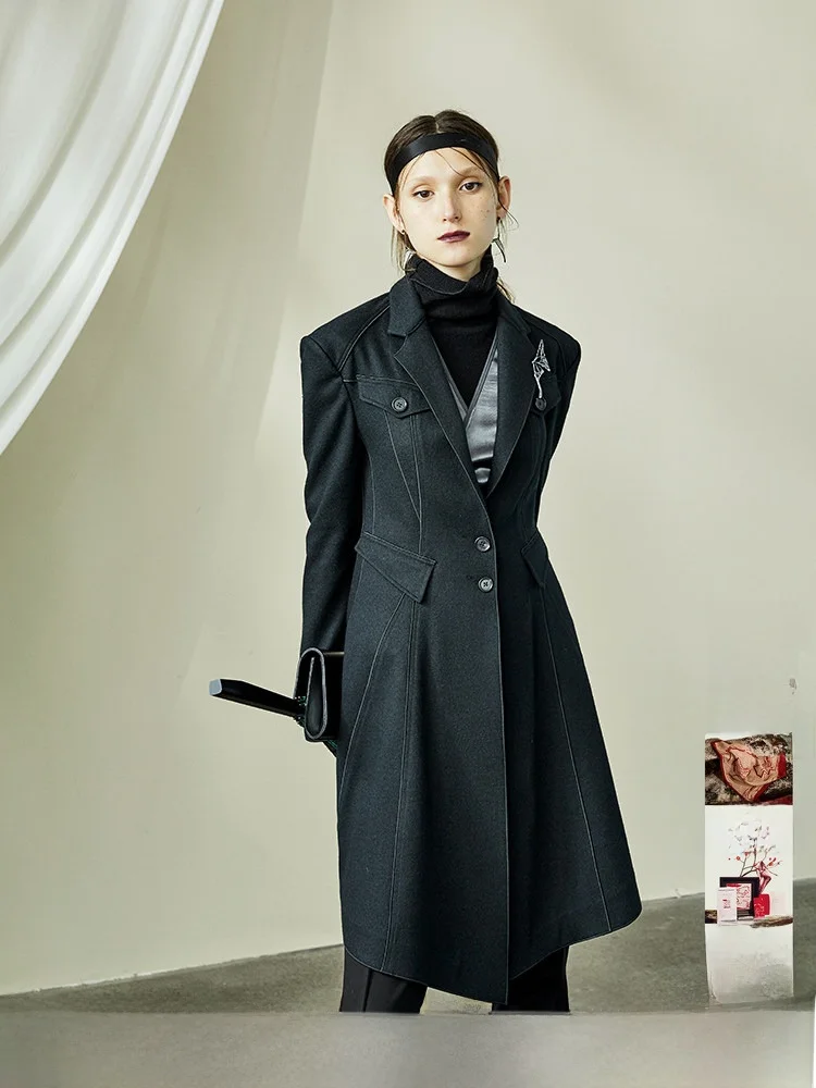 

Original Design Women's Mid-Length Woolen Coat Autumn New Sle Single Button Pure Color Long Sve Ladies Faion Outerwear