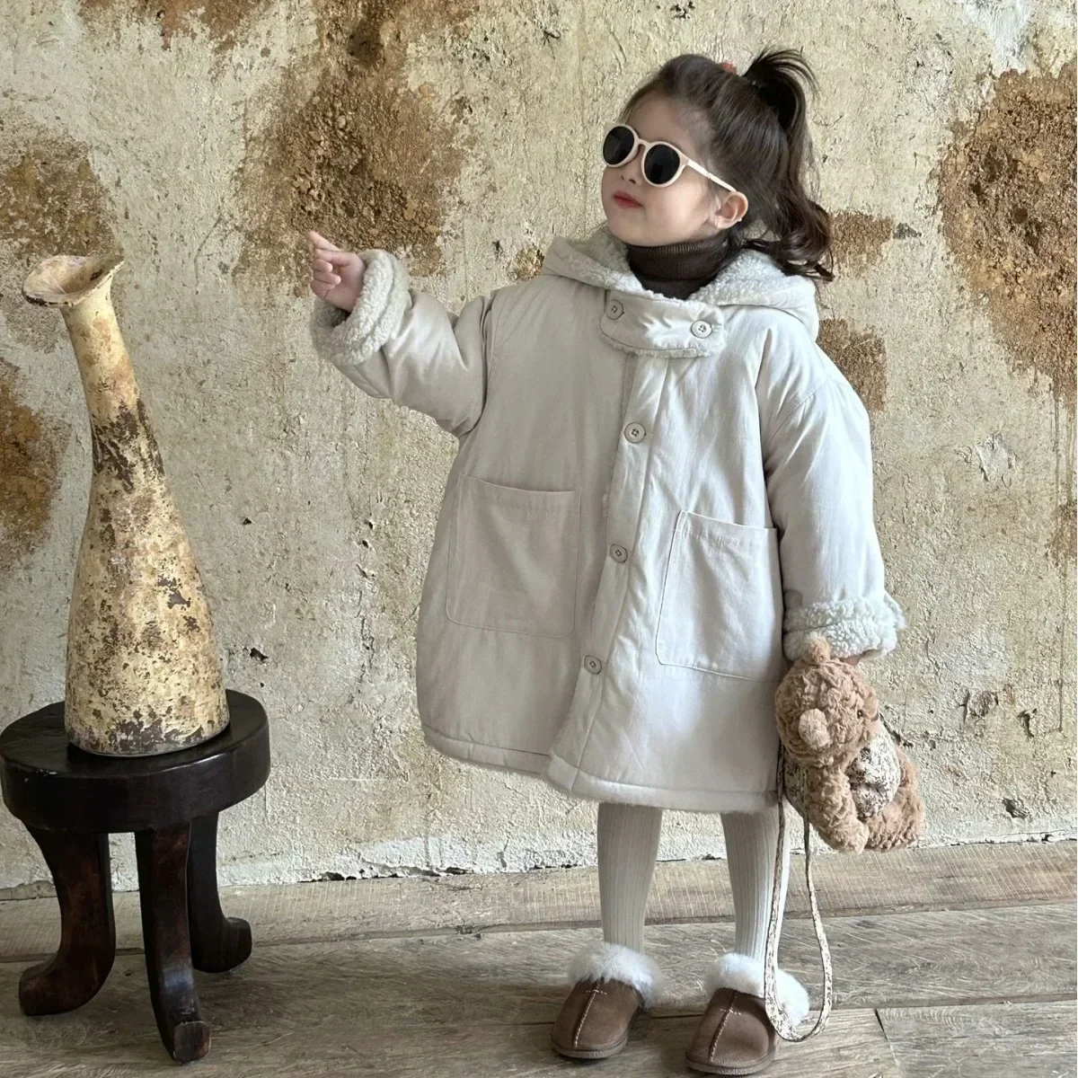 

Girl Coat 2023 Winter Children Korean Version of Children Wear Girls Two-sided Lamb Wool Coat Medium Long Coat Girl Winter Coat