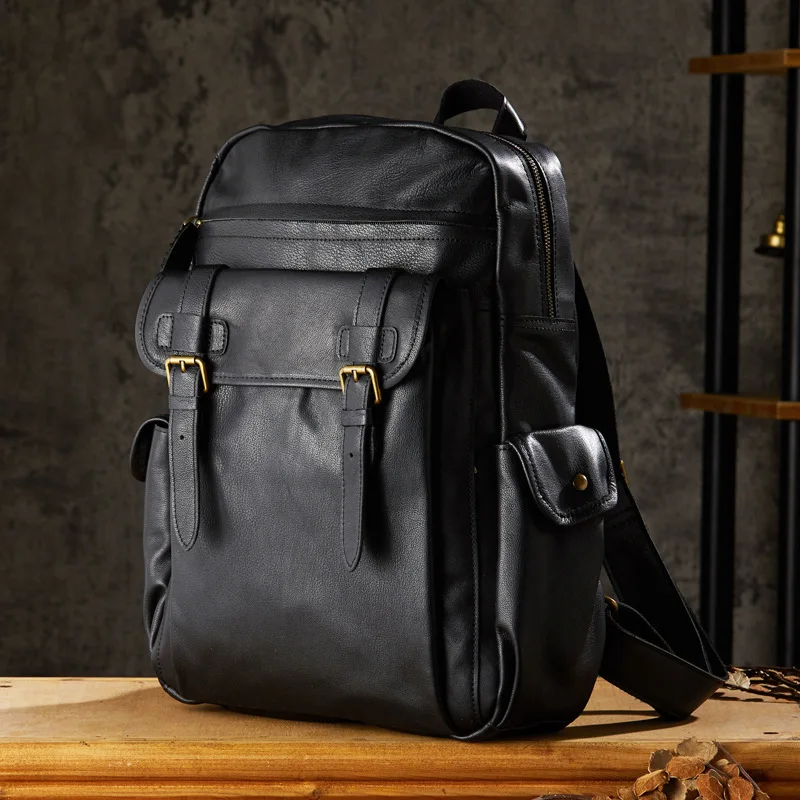 

Fashion Luxury Black Real Leather Backpack For Men Women 13.3 15.6 Computer Bag Pack Travel Anti-Theft Backbag Schoolbag 2025