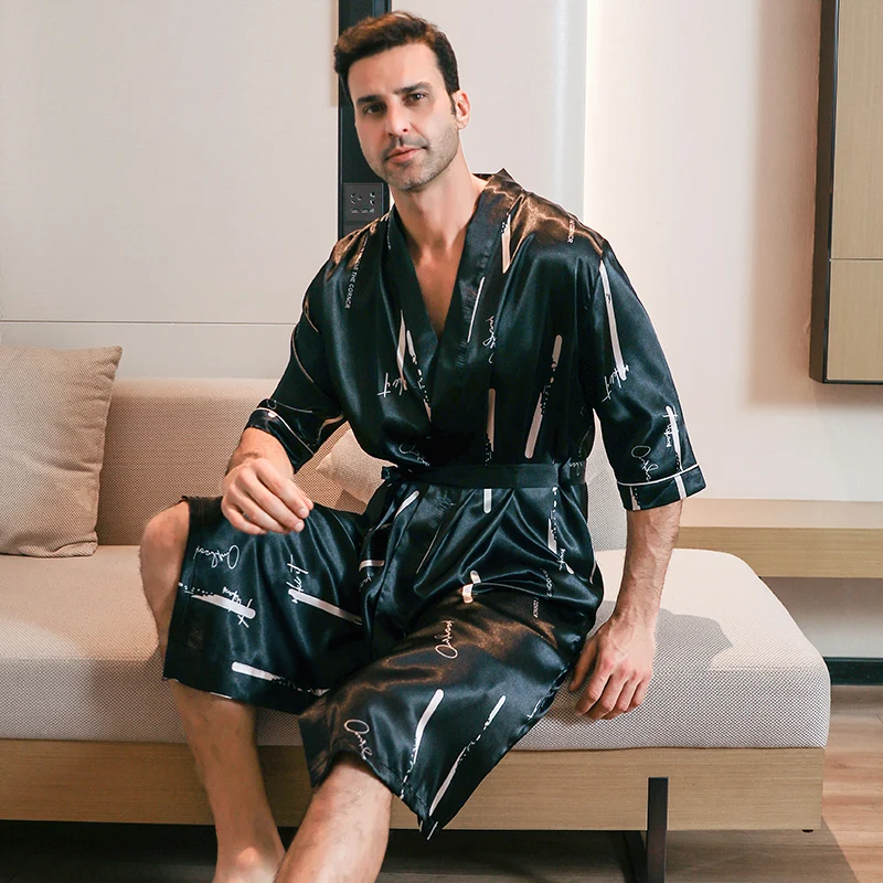 Herren Eis Seide Satin halbe Ärmel Pyjama Nachtwäsche Robe Roben Bademantel Nachthemd plus Größe Frühling und Herbst kurze Ärmel