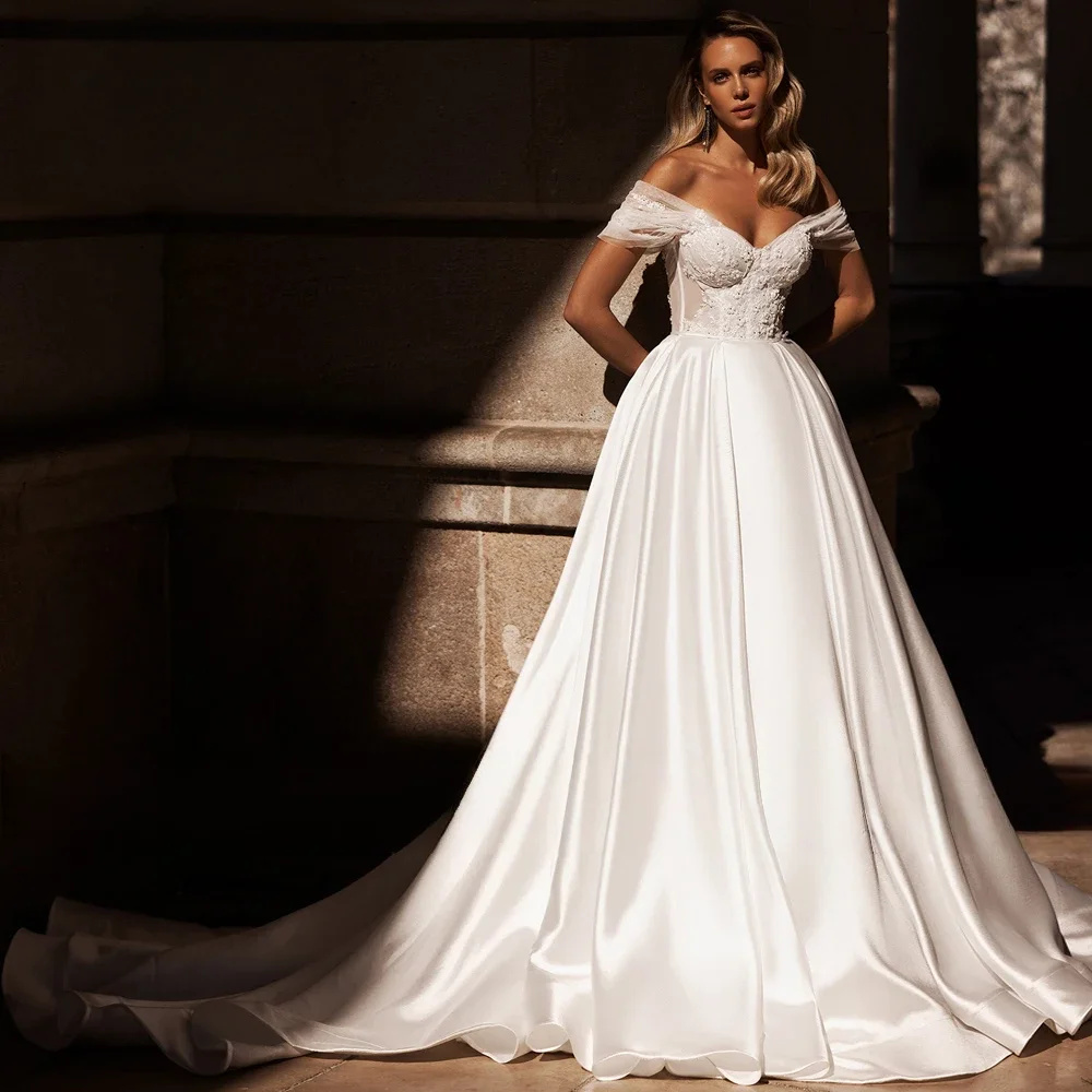 ONE LIFE  Elegant Illusion Sweetheart Flowers Satin Wedding Dresses Delicate Appliques Beaded Court Train A Line Bridal Gown