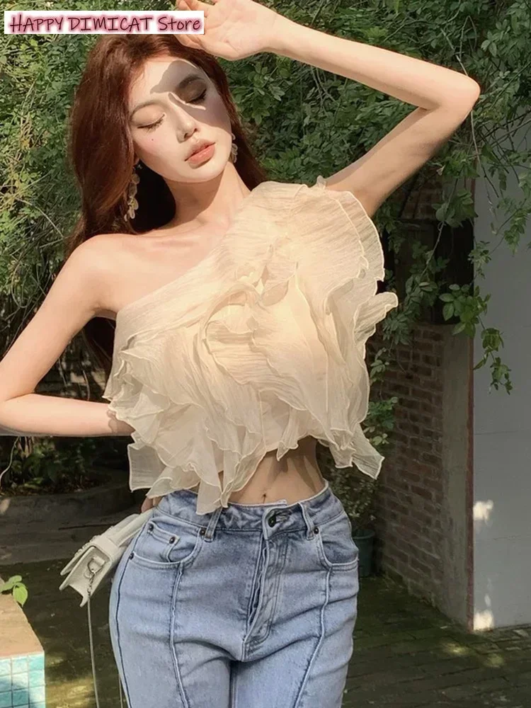 

Women's Off-Shoulder Cropped Folds Top, Retro Princess Fashion, Ruffles Blouses, Sweet, Sexy, Elegant, Summer