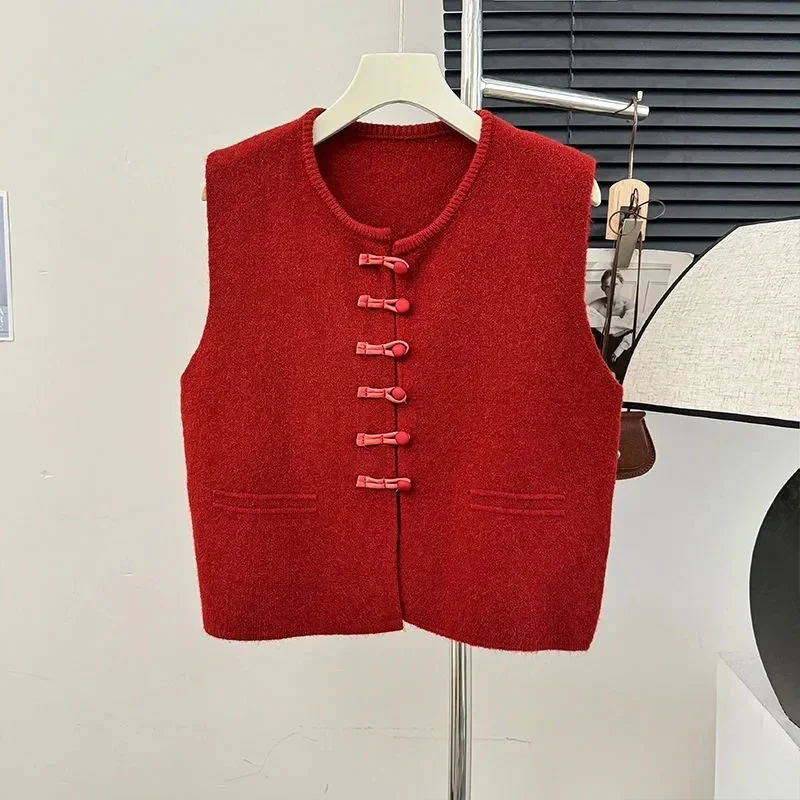 Spring Autumn Chinese Style Red Sweater Vest Long Sleeve Shirts 1 or 2 Piece Set 2024 Women Graceful Knit Tops Blouse Outfits