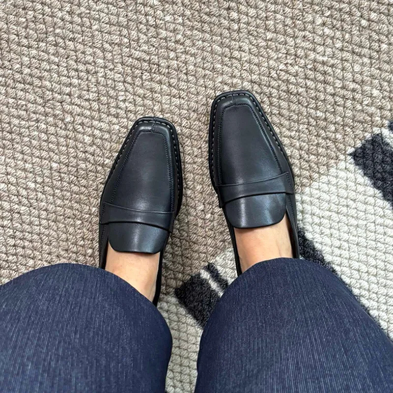 

Jenny&Dave Minimalist Women's Shoes, Retro Square Toe Genuine Leather Loafers Casual Commuting Flat Shoes Women