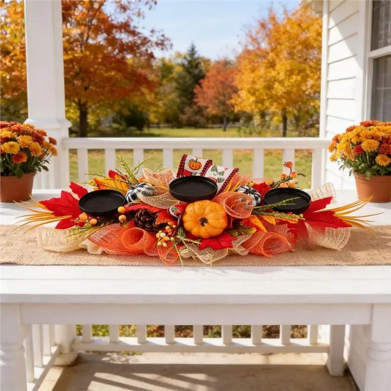[NEWA08R】 Thanksgiving Decor 3-Pillar Candle Holders For Table-Fall Centerpiece Maple Leaves Pumpkins Candleholders