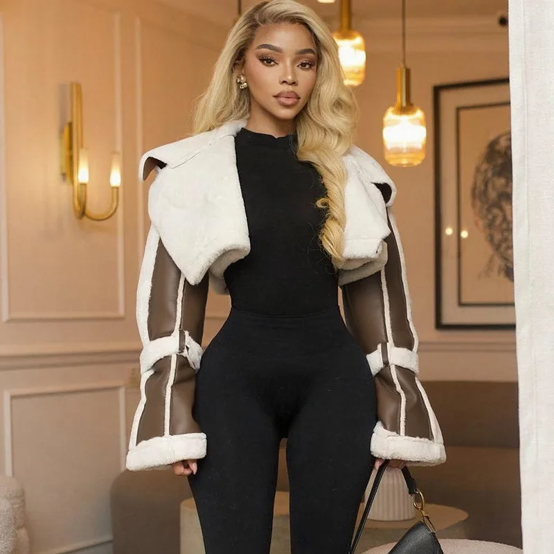 Fur Patchwork PU Jackets Women Crop Fashion Coats Y2K Streetwear 2025 Winter Fall Clothes Y2K Streetwear Jackets Coats