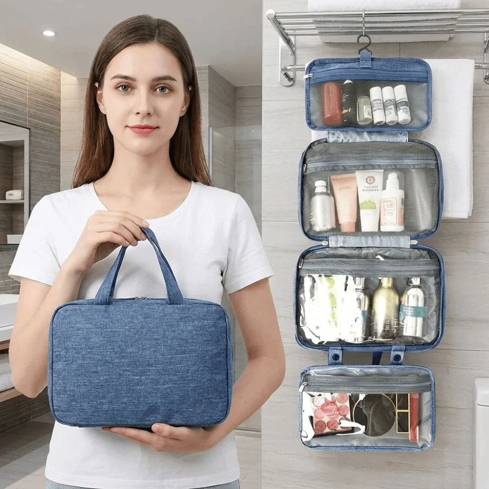 Large Capacity Travel Hanging Wash Bag Wet Dry Separation Multi Compartments 4 Fold Toiletry Bag Multi-Pocket Waterproof