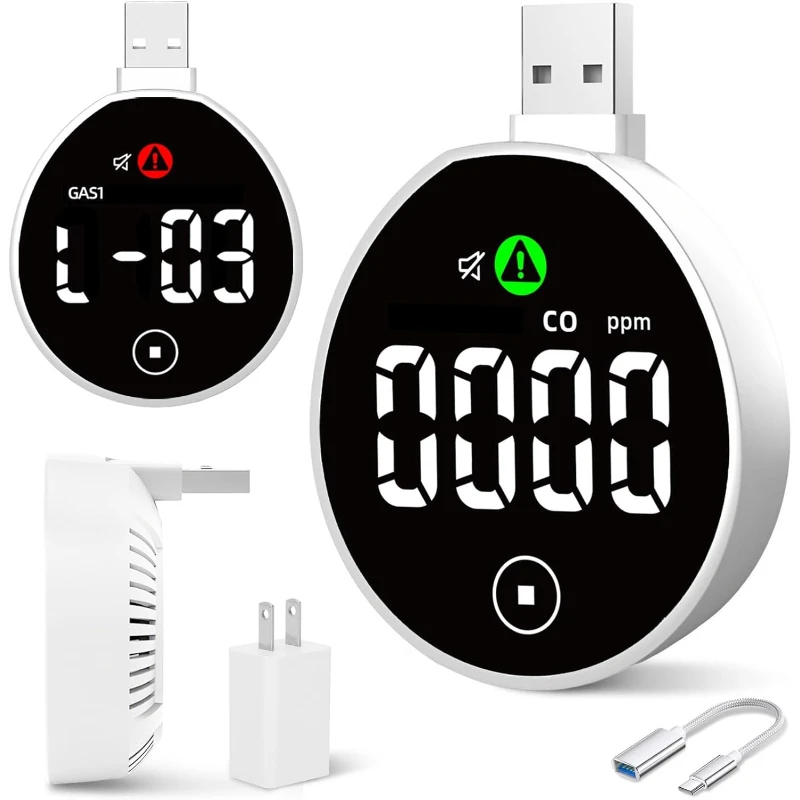 

USB-детекторы газа и угарного газа 2-в-1 с сенсорным экраном, подключаемая/USB-A/USB-C сигнализация детектора CO и газа,