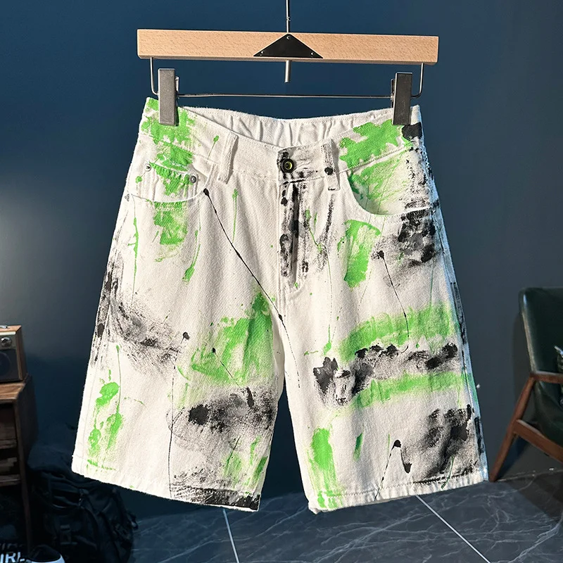 Fashion paint printing design denim shorts men's summer handsome street style trendy unique graffiti loose shorts