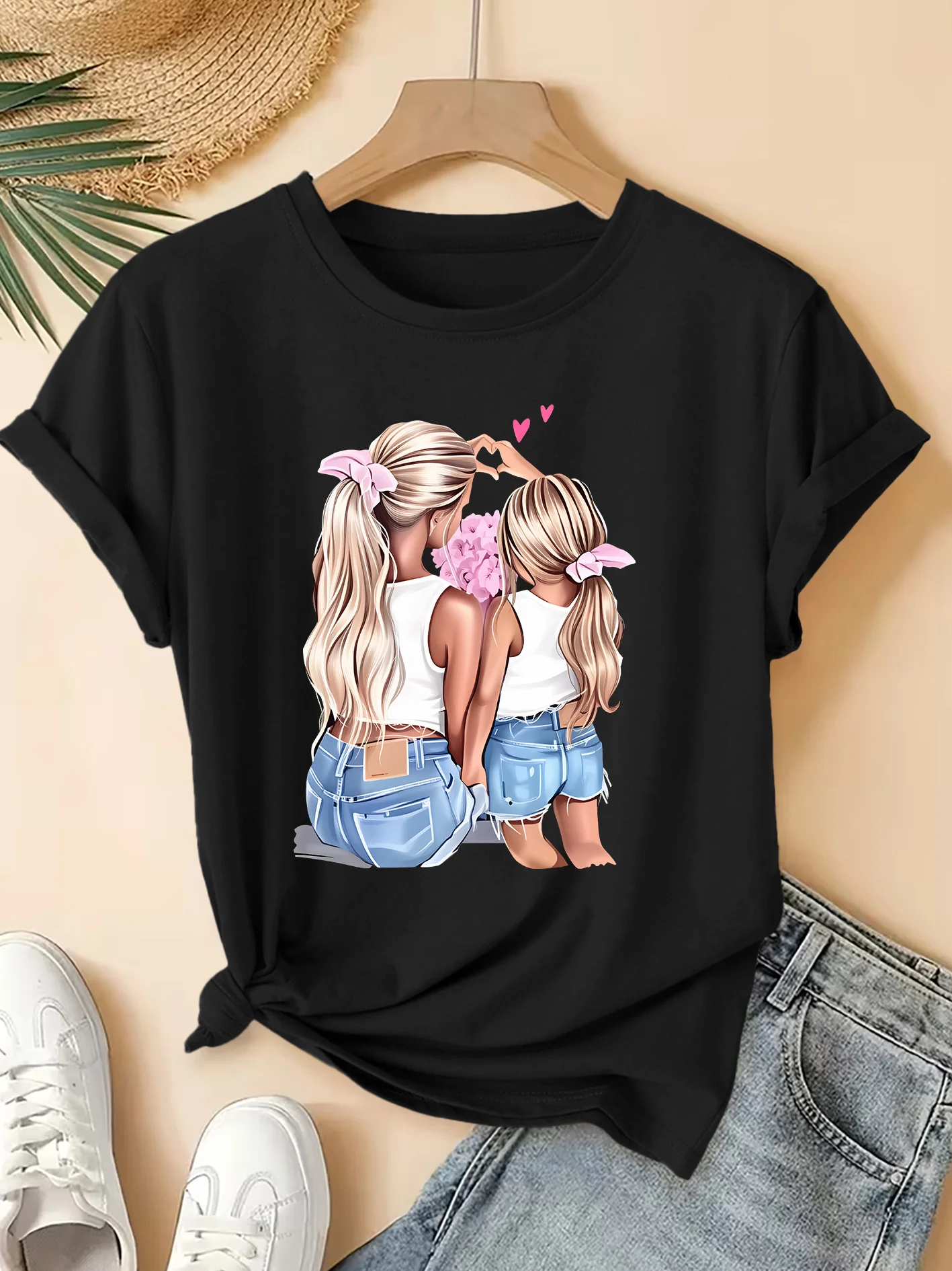 Women's Vintage Mother-Daughter Heart Silhouette Round Neck Short Bouse-Compatible Suitable Gym Harajuku Sleeve Aesthetic