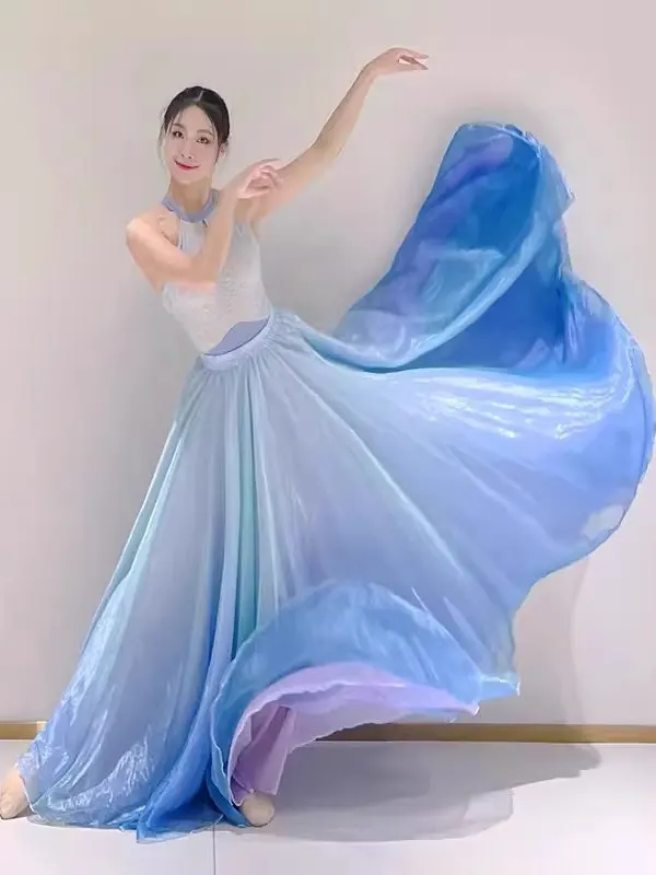 Gradual Color Half Skirt Dance Style Women's Clothing Large Flounce Neck Hanging Strap New Style Back  Performance Cos...