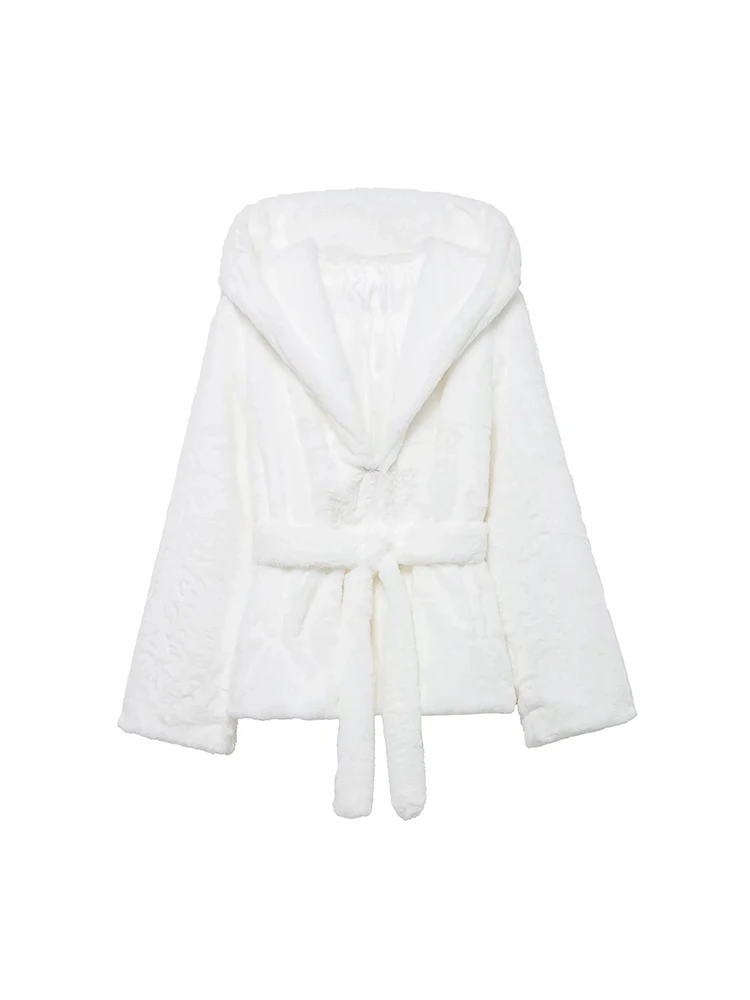 

Women's Faux Fur Jacket with Belt Solid Mid White Furry Jacket Warm Thick Loose Plush Coat Faux Mink Luxury Casual Outerwears