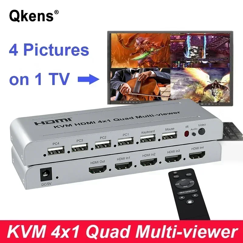 1080P HDMI KVM 4x1 Quad Multi-Viewer Multi Screen Splitter HDMI Multiviewer Seamless Switch for PS4/5 Laptop PC To TV Projector