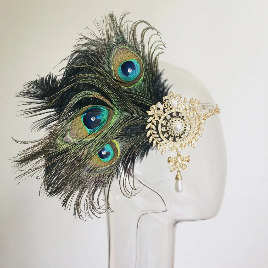 

Повязка на голову с павлиньими перьями в стиле 1920-х годов, украшение для волос с кисточками из страз, винтажный аксессуар для вечеринок и фотосессий