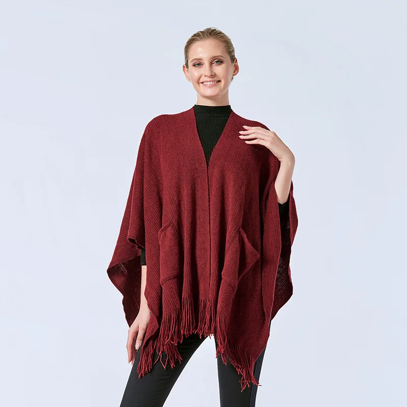 

Spring Autumn Pocket Shawl Cloak Women Air conditioning Room European American Office Pocket Shawl Warm Multi-purpose Wear Red