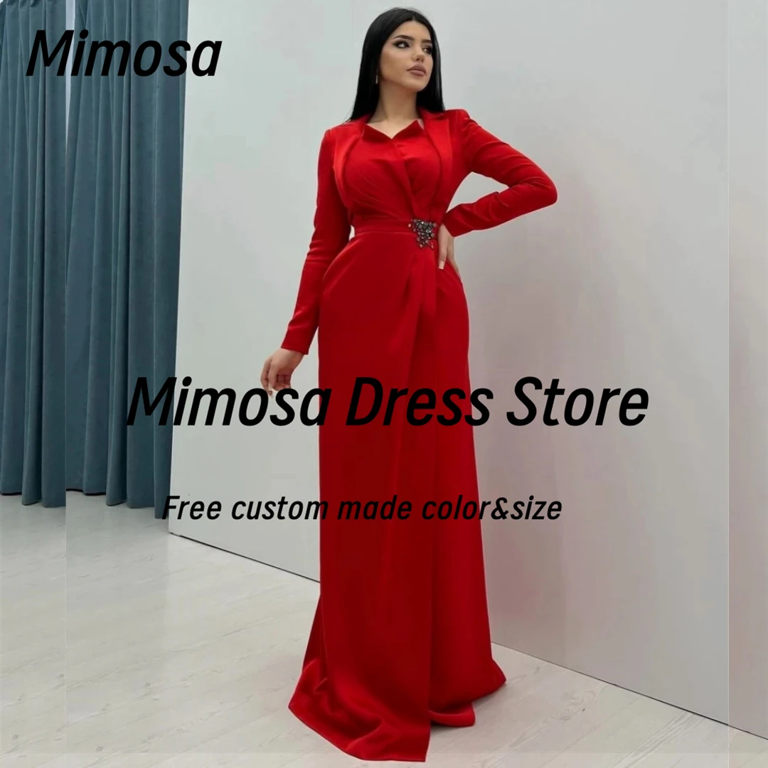 Mimosa Red Evening Dresses Lapel Neckline Long Sleeves Prom Dress Beaded Sash Special Occasion Saudi Women Wear Customized