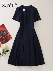 ZJYT Fashion Summer Dress for Women 2024 Runway Designer Short Sleeve Dark Blue Casual Party Vestidos Bright Line Decoration