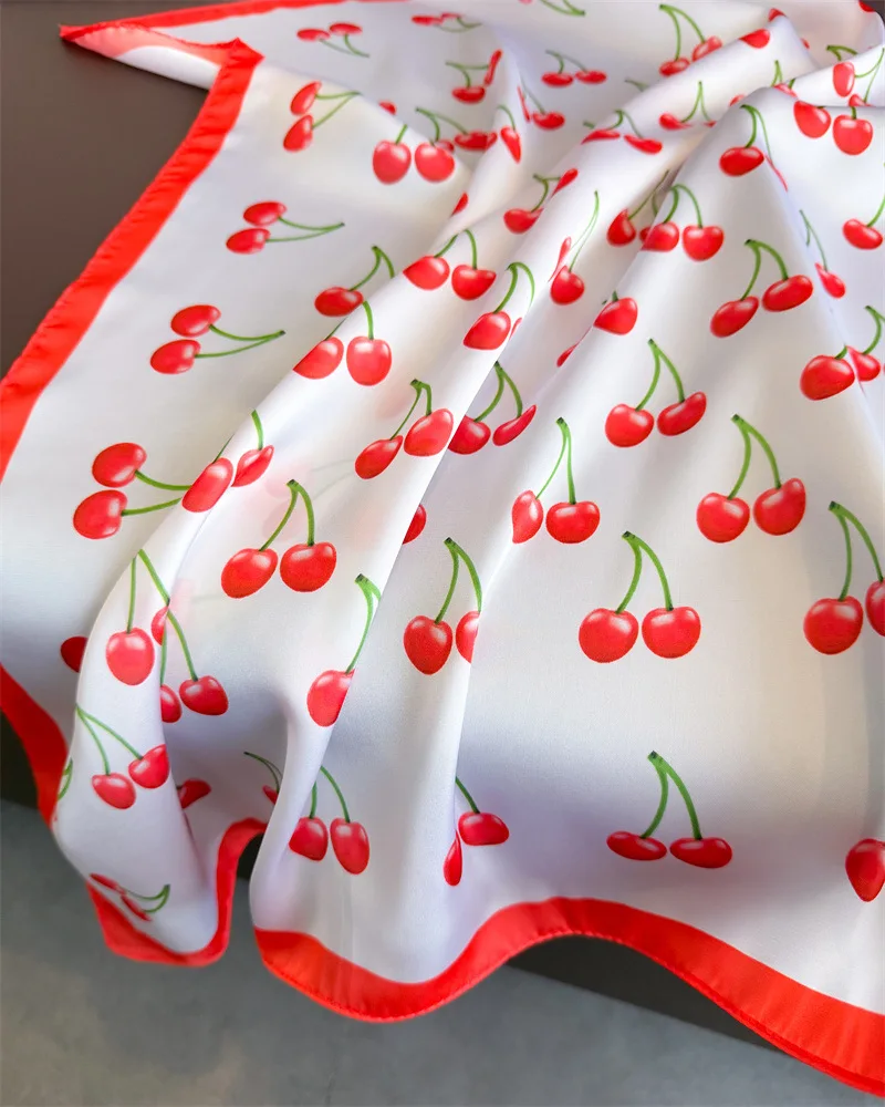 Квадратный шарф с вишневым принтом, женский атласный платок, хиджаб, женская повязка для волос на запястье, роскошный головной платок 70*70 см, Echarpe 2025, бандана