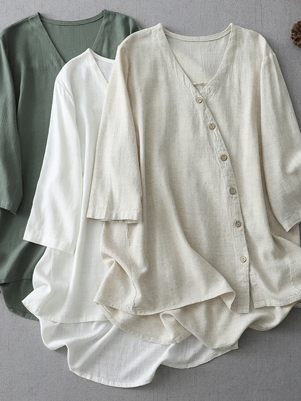 سترة بوهو سلي بيور كولور من القطن والكتان irt Jaet مقاس كبير للنساء بأزرار جانبية خمسة Sve V-Ne سترة صيفية مفتوحة #1