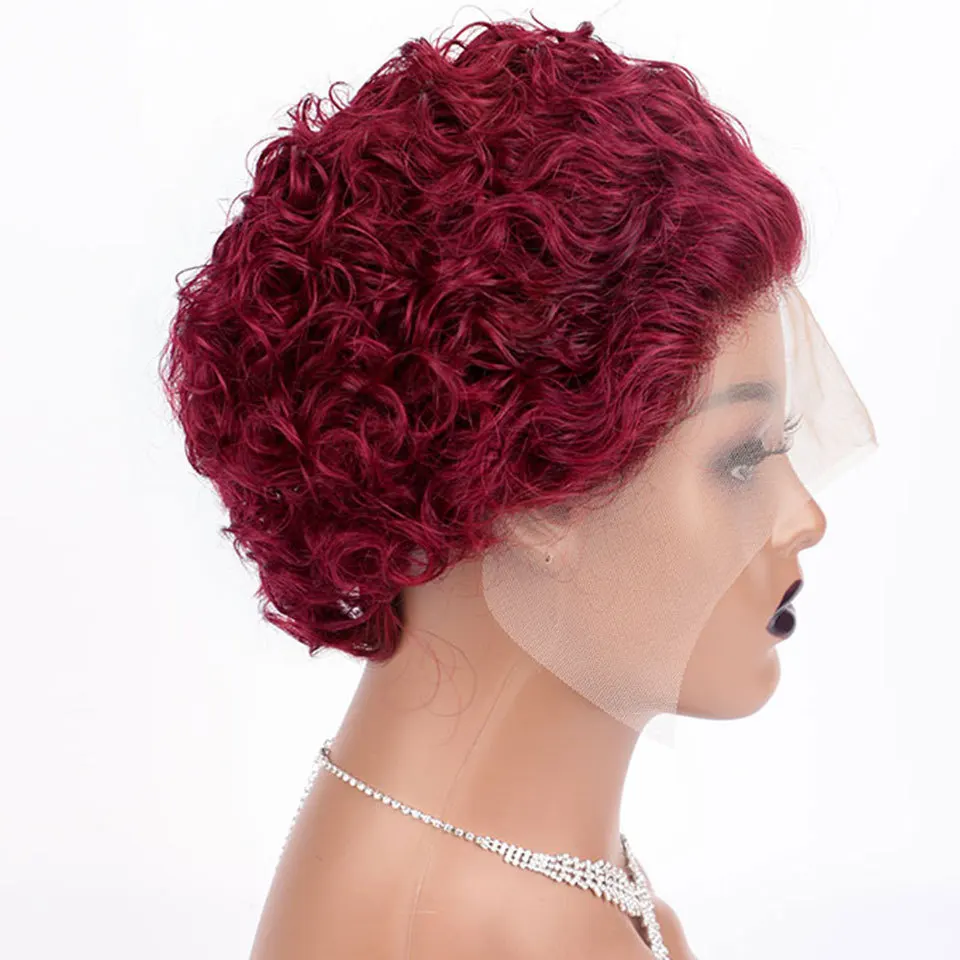 قطع بيكسي باروكات دانتيل أمامي ، شعر بشري ، قصير مجعد ، بورجوندي ، 6 بوصات ، 13x1