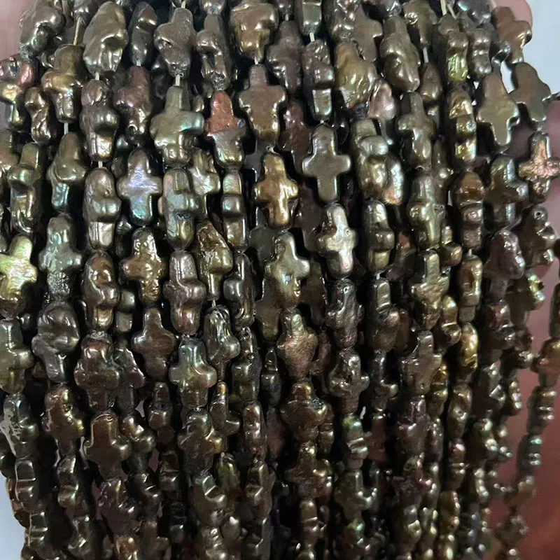 16 inches 10x16mm Dark Green Natural Latin Cross Baroque Pearls Loose Strand