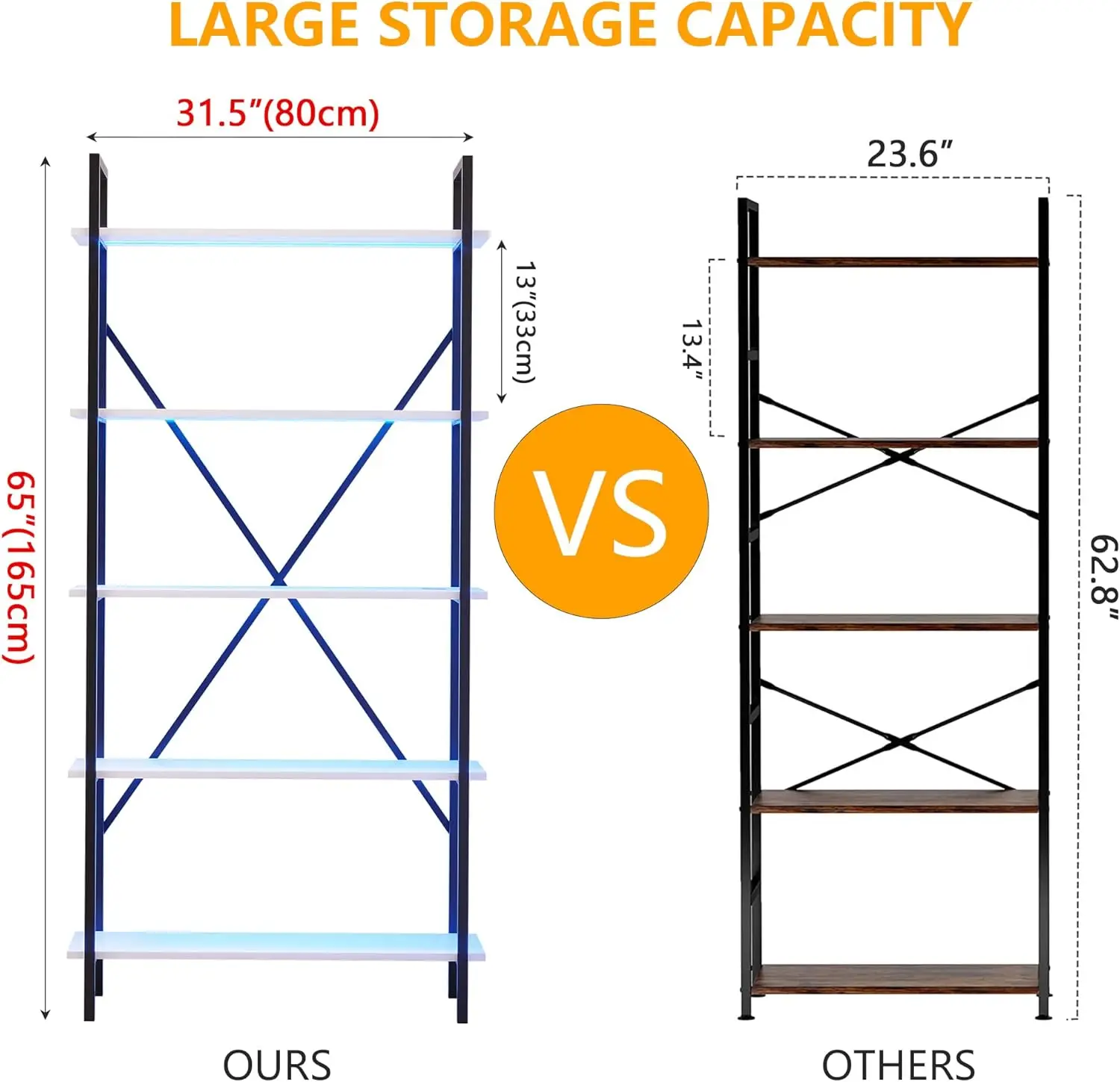 Bookshelf with 3 LED Lights Industrial Tall Bookshelf Vintage Etagere Modern Bookcases Storage Organizer