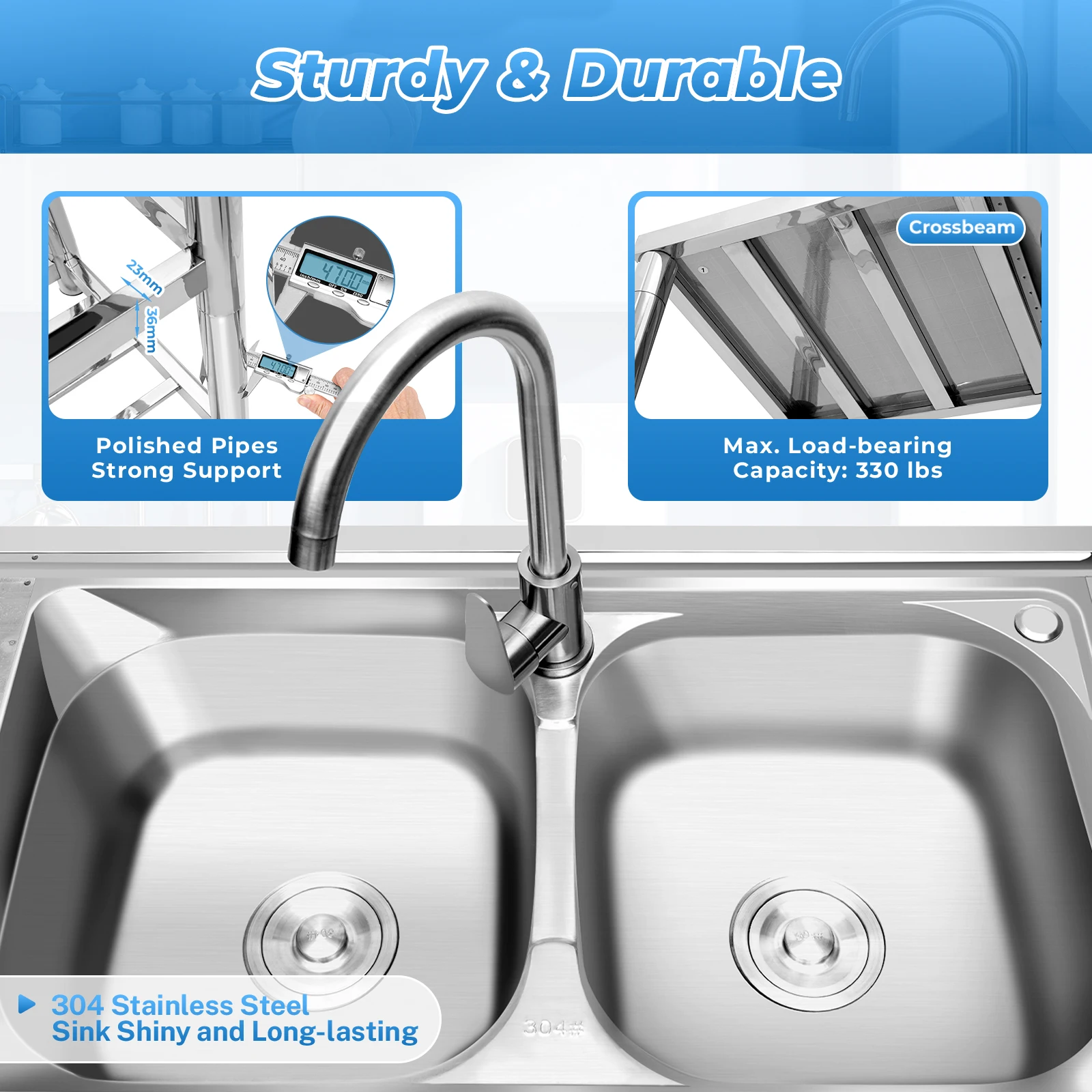 47.2*17.5*31.5 Inch Stainless Steel Kitchen Double Sink with Rotate 360° Faucet Storage Rack Easy to Clean