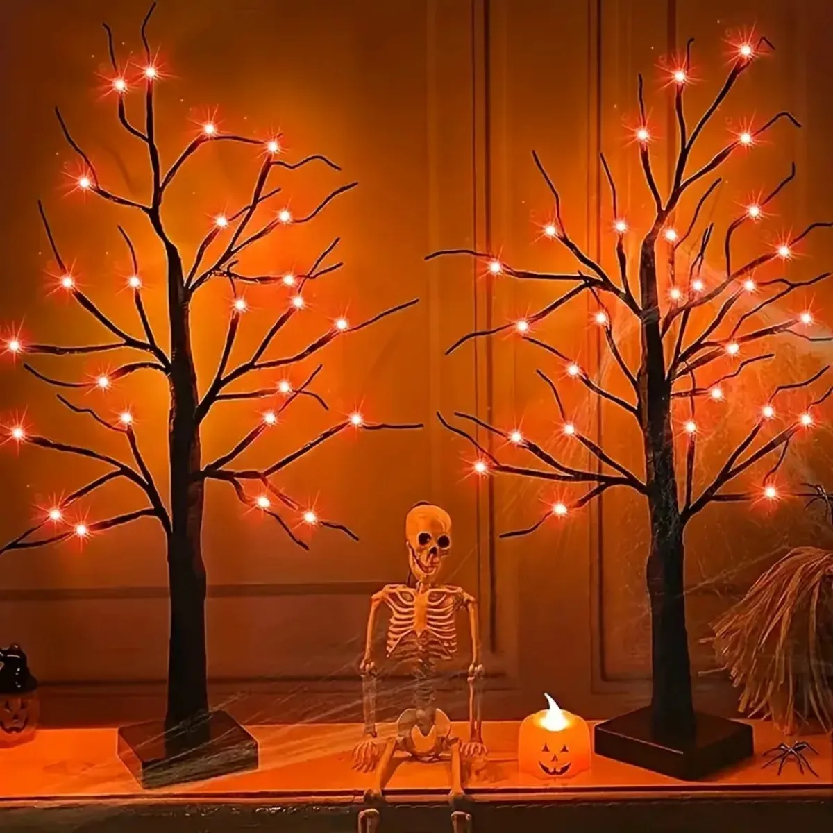 1 Stück 24 LED orange und lila beleuchtete Halloween künstliche Birke Licht DIY schwarze Zweige Lichter Tischplatte Halloween gruselig – Detail 10