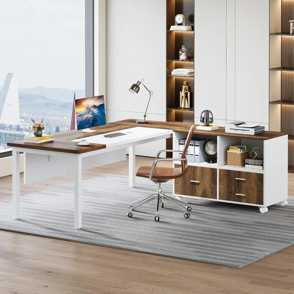 Office Desk with Cabient,63 inches L Shaped Computer Desk with Drawers and Mobile File Cabinet, Executive Desk for Home Office